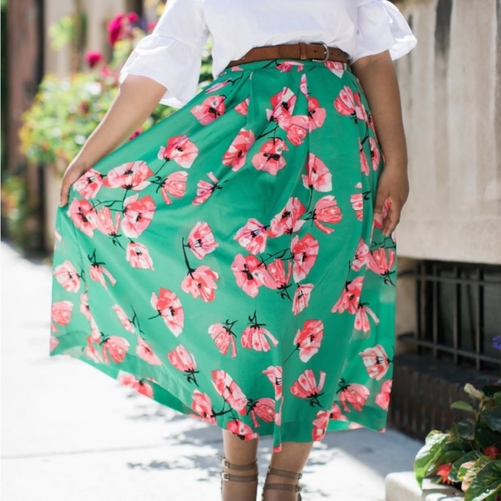 Who What Wear Green and Pink Floral Midi Skirt Womens Size 12 - Picture 2 of 7